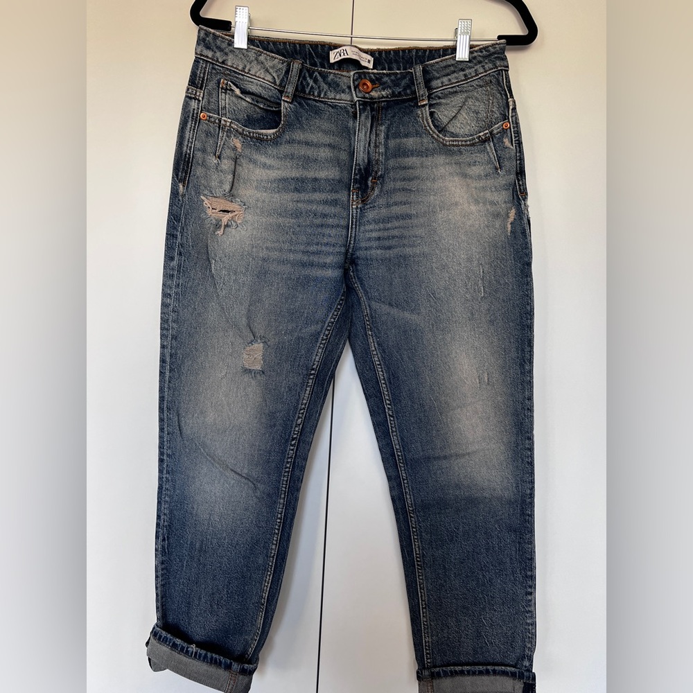 Zara Blue Boyfriend Jeans with Distressed Details